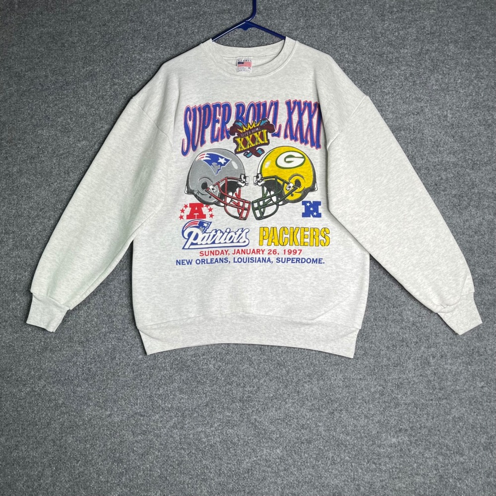 Vintage 1997 Super Bowl XXXI Patriots vs Packers Sweatshirt Mens XL‎ Gray USA